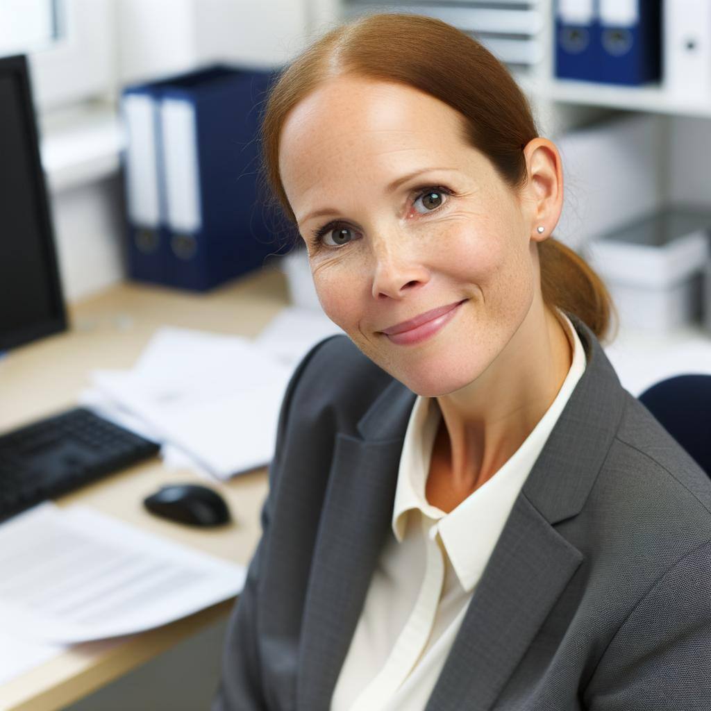 portrait femme avec léger sourire qui travaille en bureau